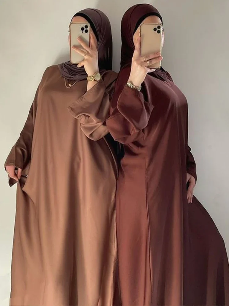 Satin Closed Abaya Dubai Turkey Flare Sleeve Muslim Hijab Dress Plain Abayas for Women Ramadan Eid Islamic Clothing Kaftan Robe