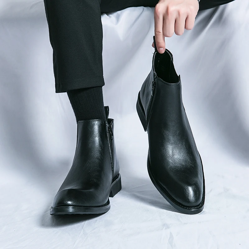 Classic Chelsea Boots Side ZIP Slip-on High-top Boots Men's Luxury Leather Ankle Fashion Business Short For Suits