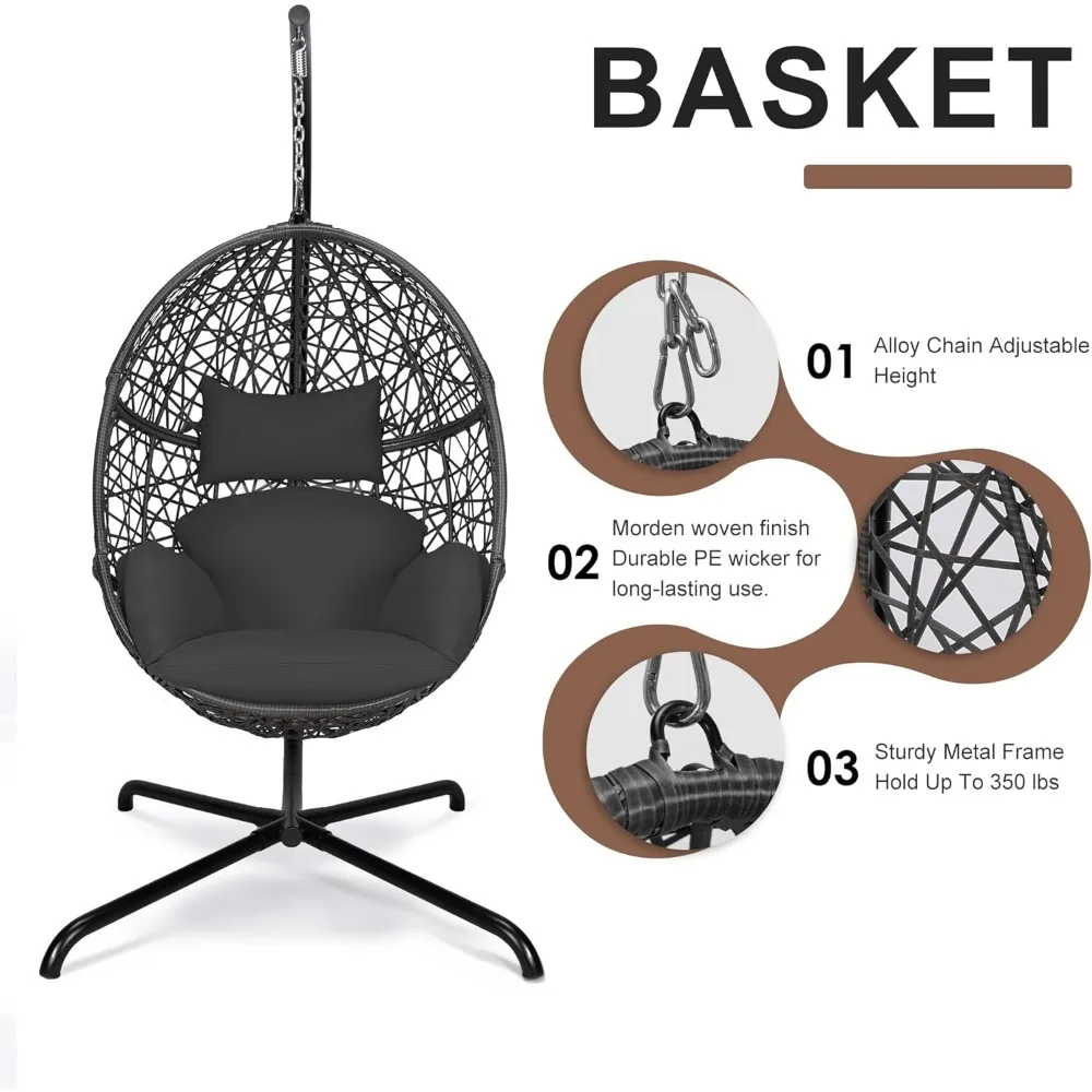 Swing Egg Chair Bird Cage Bird Nest Chair with Stand Comfortable Cushion Outdoor Rattan with Sturdy Metal Frame UV-Resistant 6
