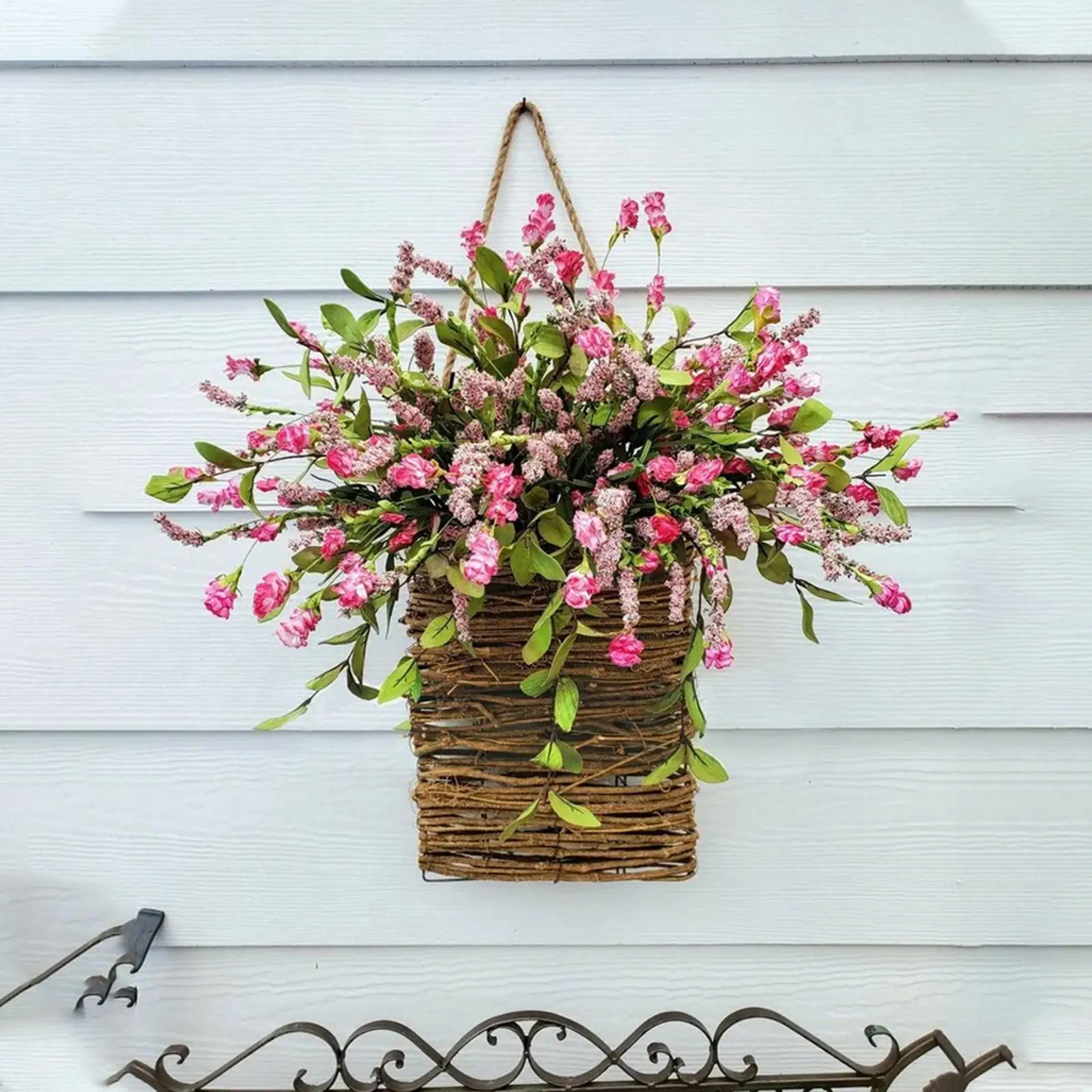 Hanging Basket Wreath Door Hanger Basket Wreath Floral Welcome Sign for Garden Indoor Party Festival