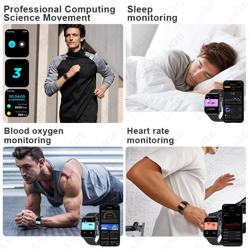 LIGE 2.01'' Smart Watch Men Women Heart Rate Health Monitor Sports Fitness Bluetooth Call IP68 Waterproof Alarm Clock Smartwatch