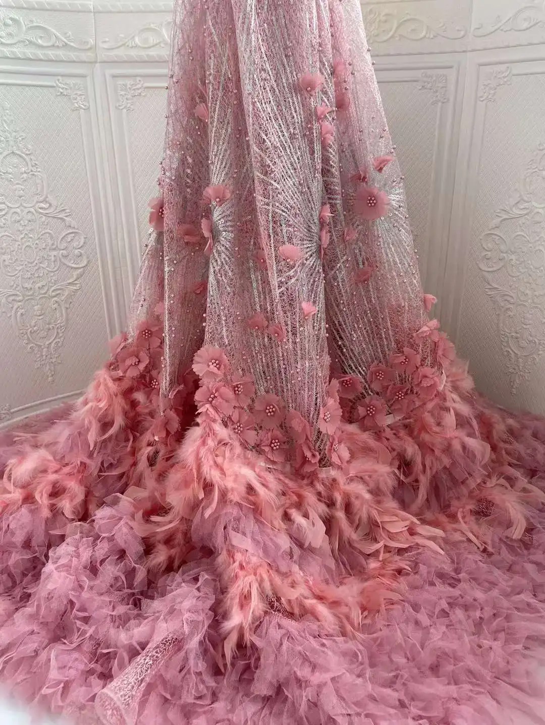 Beautiful African Sequins Lace Fabric High Quality French Nigerian Sequin Mesh Feather Lace Fabric 5 Yard For Wedding Party