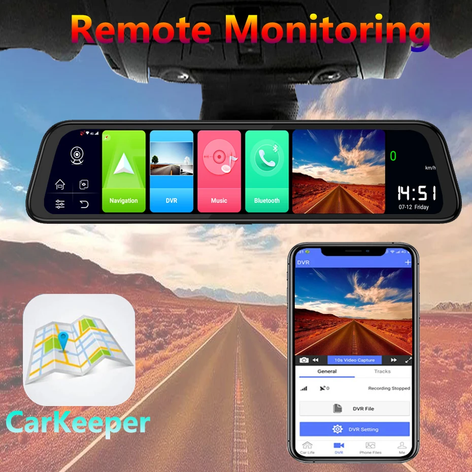 4G ADAS ȵ̵  ھ ڵ ̷ DVR GPS ׺̼, 12 ġ IPS ĸ麸  ķ, 1080P  ī޶ ڴ,  ͸