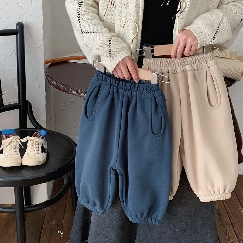 

2023 Winter Korean Version of Boys and Girls Baby Plus Velvet Pants Childrens Sports Leisure Leg Pants Loose Pants