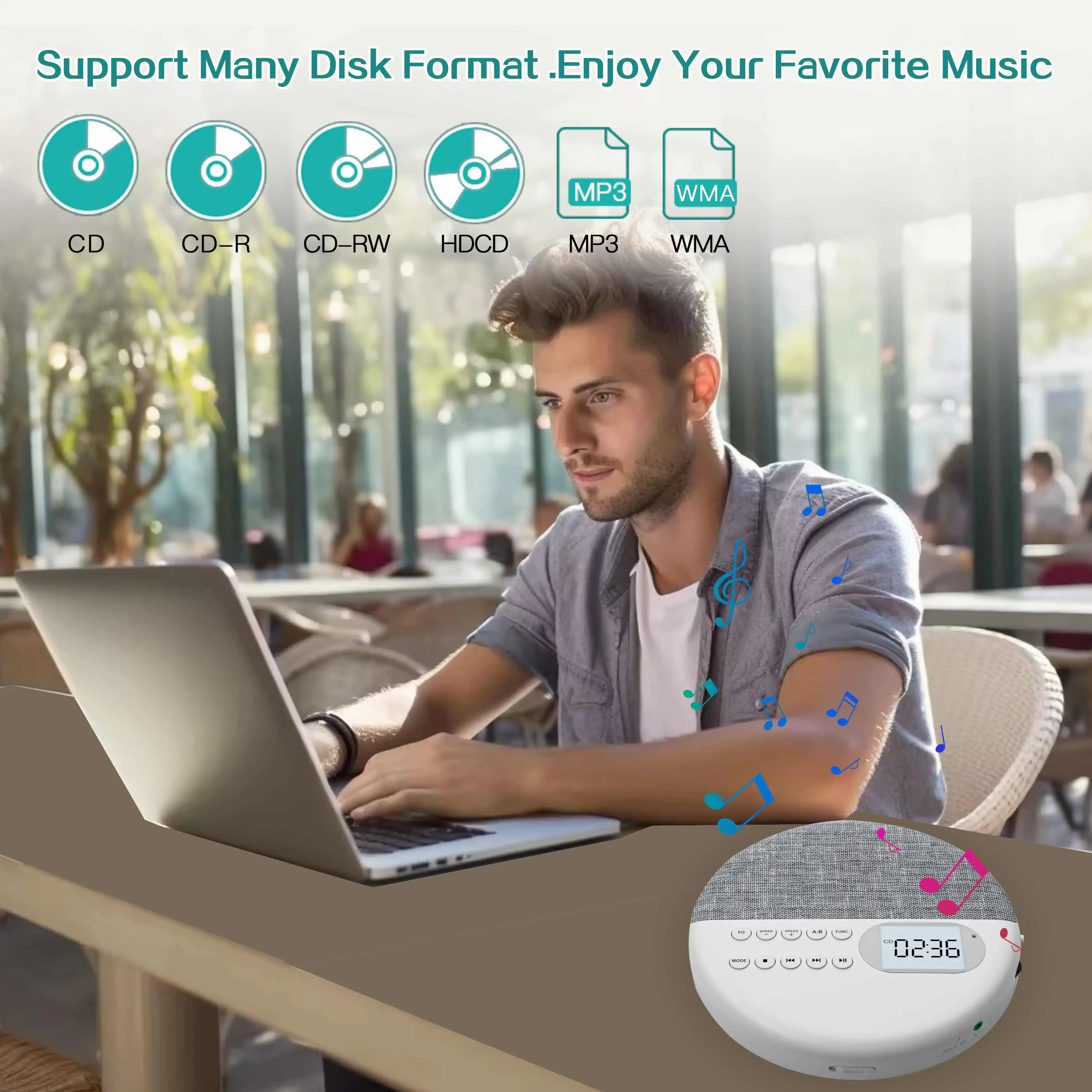 Portable CD player, USB player,AUX,Stereo speaker,Stereo headphone Jack,play speed control,rechargeable battery,A-B Repeat