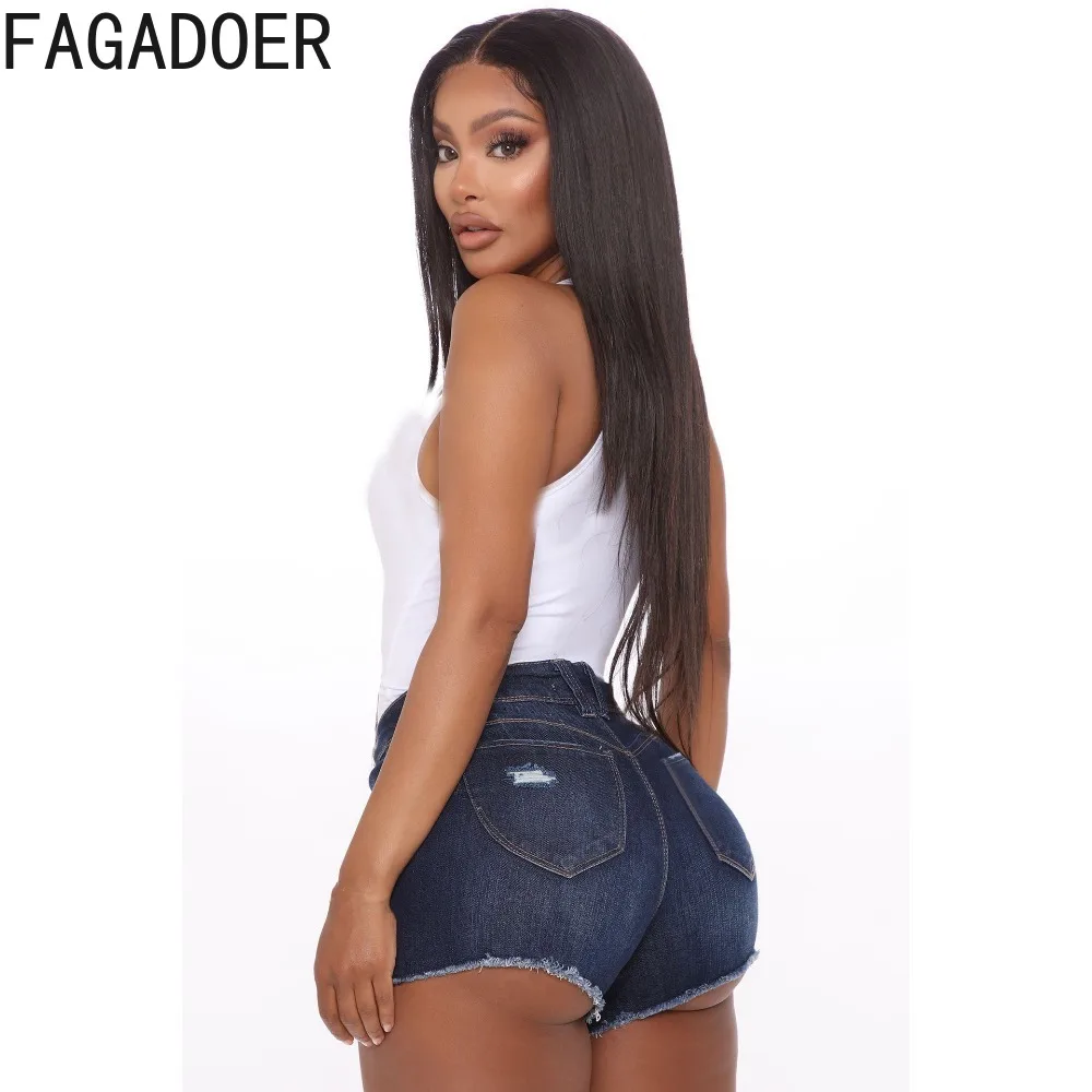FAGADOER Fashion Y2K Streetwear Women Retro Blue High Waisted Button Denim Shorts Casual Female Hole Skinny Cowboy Bottoms 2024