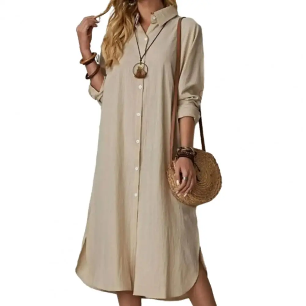 

Classic Women Dress Elegant Women's Long Sleeve Shirt Dress with Lapel Collar Button Placket Casual Loose Cotton for Ladies