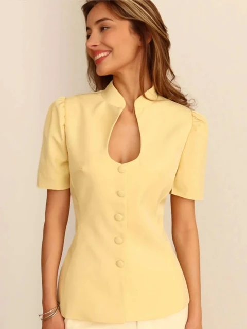 Fashion Women's Stand Collar Blazer Short Sleeve Button Puff Sleeves Solid Lady Top 2025 Summer Autumn Elegant Female Coat 4