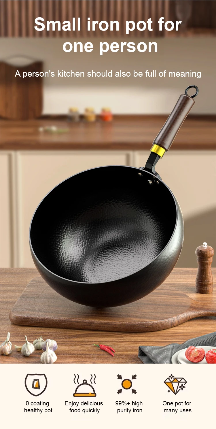 Handmade Pure Iron Non-Stick Frying Pan - Big Belly Flat Bottom Cookware for Gas Stove