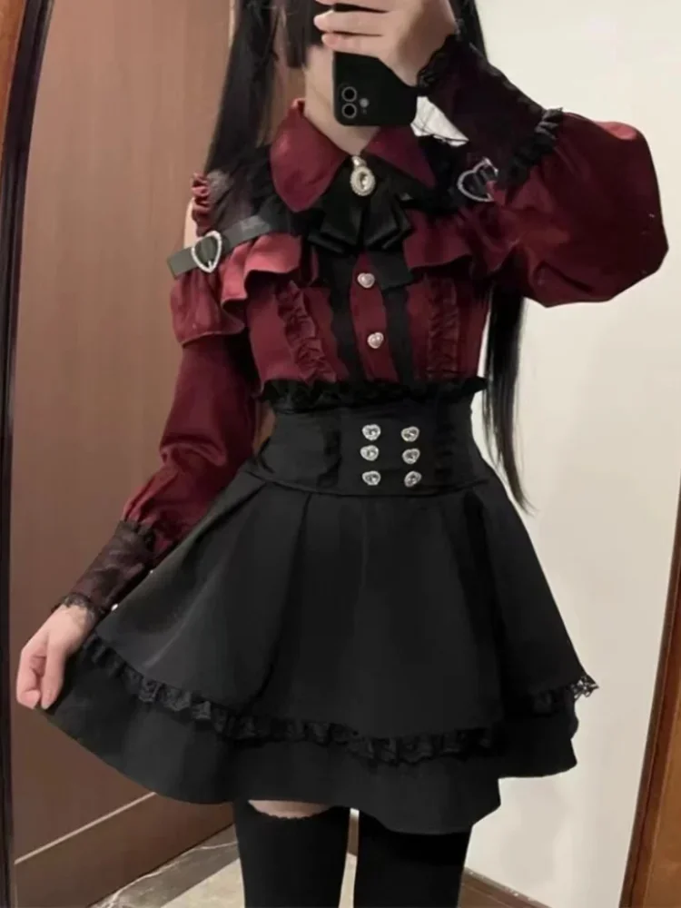 Japanese Y2K Aesthetics Vintage Bow Dress Shorts Set Women Gothic Lolita Style Long Sleeve Shirt Dress Elegant Party Dress Suits 2