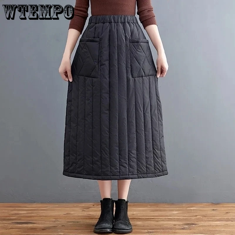 

WTEMPO Fashion New Black Windbreak Skirt Women Winter Casual Loose Down Cotton Skirts Vintage Elastic High Waist Long Skirts