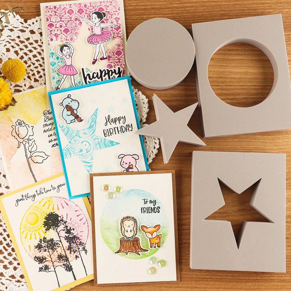 6pz/set Star Circle Cut Stampaggio Schiuma Per Creare Reverse Stampato Sfondo Miscelazione Bolcks Schiuma Per Scrapbooking Carta Creazione Riutilizzabile Schiuma Asciutta Stampabile Pad Taglio&Schiuma