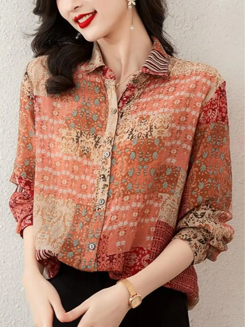 

Блузка женская с отложным воротником, Свободный Топ с длинным рукавом и принтом, винтажная Удобная рубашка на пуговицах, весна-лето 2023