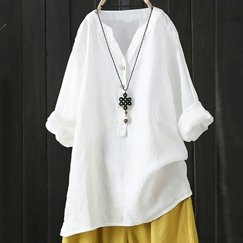 

Cotton Linen Blouse Women's Shirt Solid Color Button V Neck Casual Loose Shirt Soft Autumn Spring Long Sleeved Baggy Tunic Tops