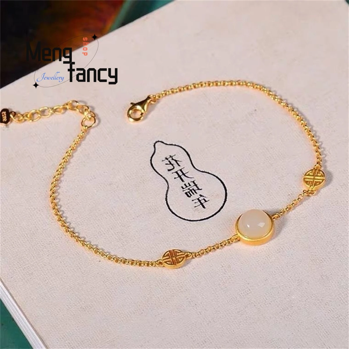 

Natural Hotan White Jade Ancient Method Gold Fu Character Circular Bracelet Charm Elegant Personalized Fashion Versatile Jewelry