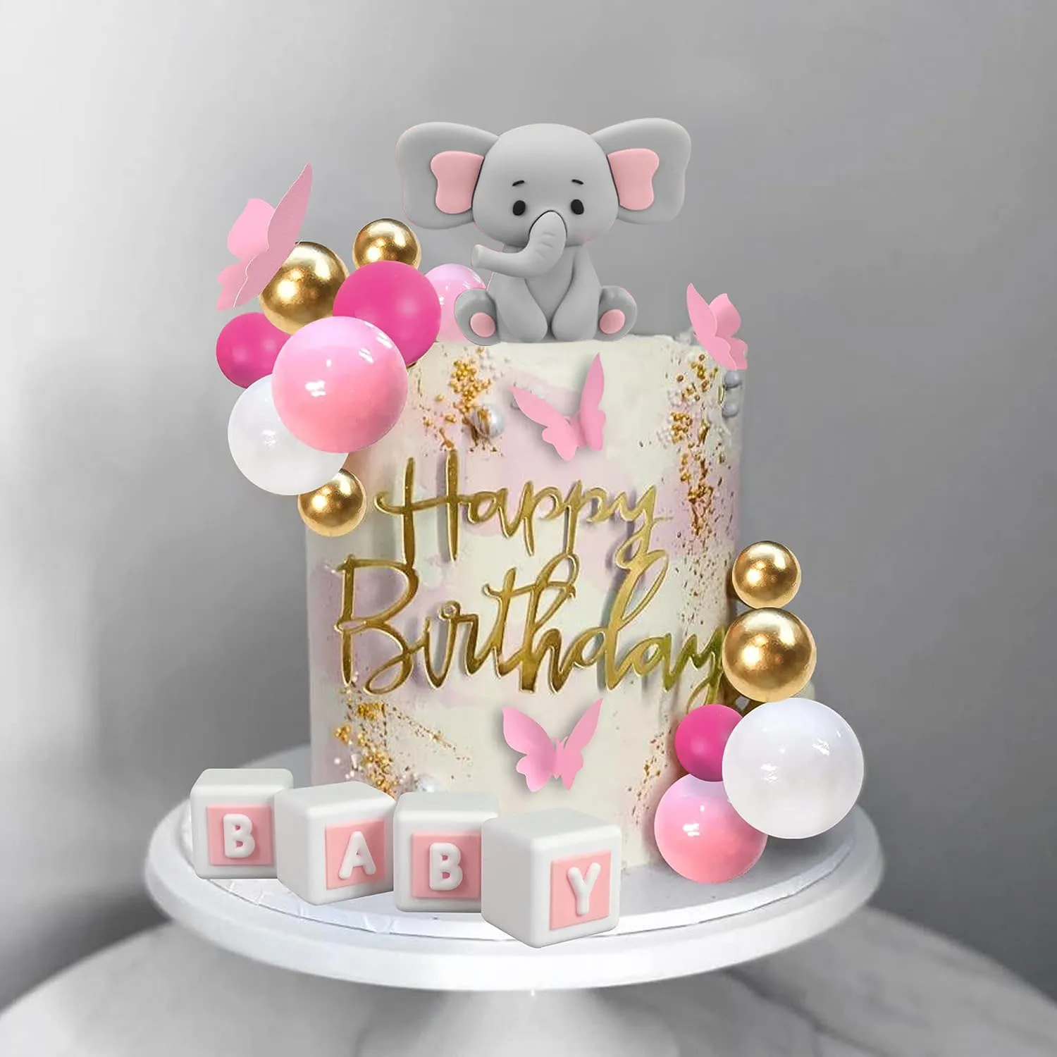 29 pezzi decorazione torta elefante rosa lettera bambino toppers torta oro rosa bianco palla per baby shower fornure per feste a tema elefante  15
