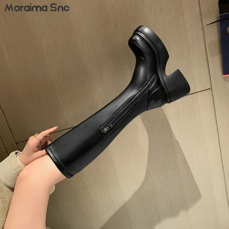 White Platform Elastic Knight Boots Round Toe Thick High Heels Knee High Boots Side Zipper Multi-Color Fashionable Women's Boots