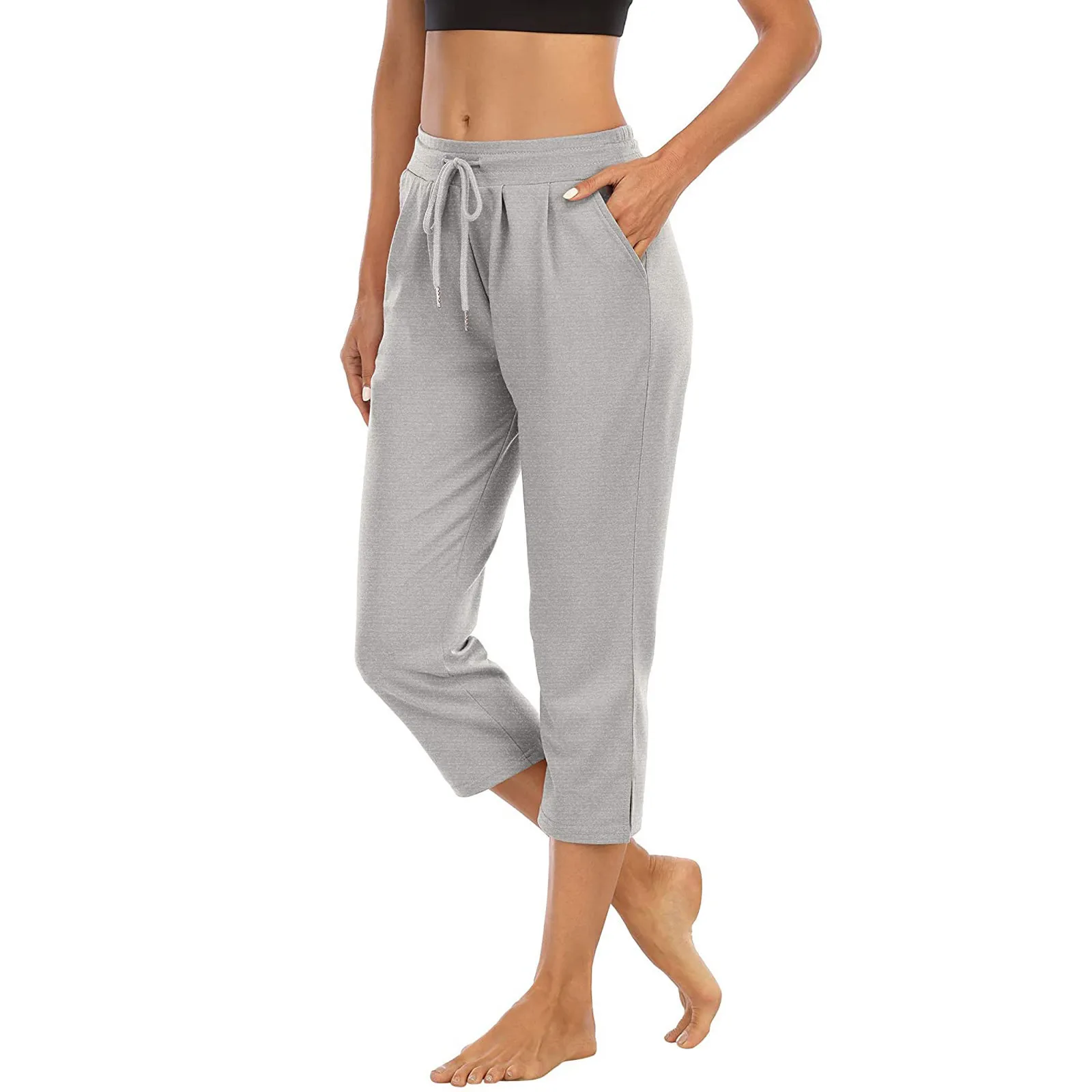 Women's Solid Color Pocket High Waist Sports Fitness Yoga Wide Leg Capri Pants