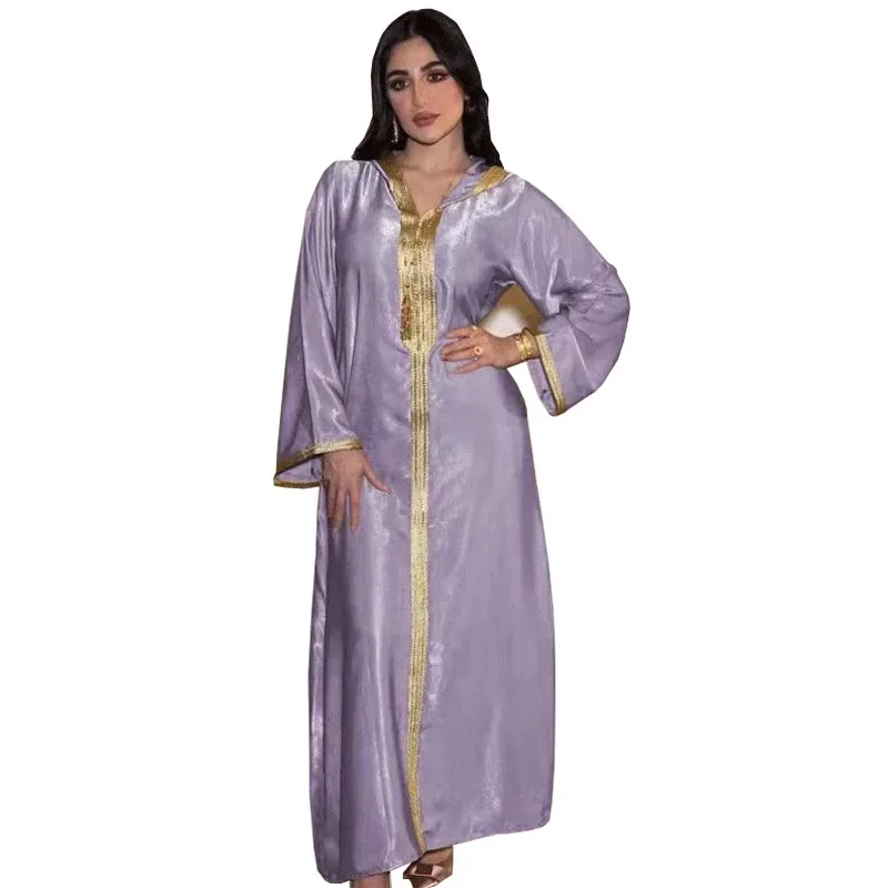 Champagne Hooded Lace Suede Gown Muslim Robe Women Dress Robe Elegante Femme Islamic Clothing for Women prom dress