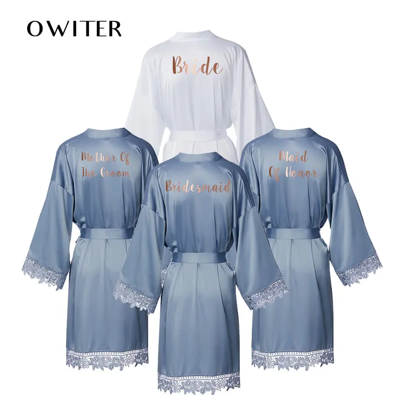 Dusty Blue New Matt Satin Lace Robe With Trim Gown Bridal Wedding Bride Robes Bridesmaid Kimono