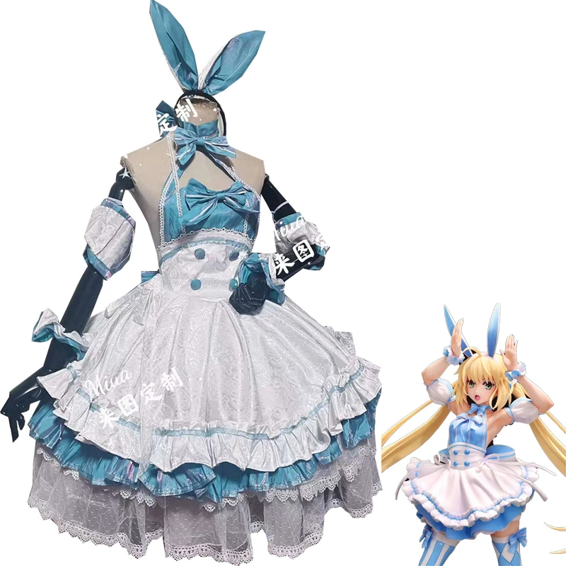 Custom Made Fate Grand Order Altria Pendragon Costume Cosplay Blue Rabbit Maid Dress Halloween Suits Donna Anime Outfit Uniform