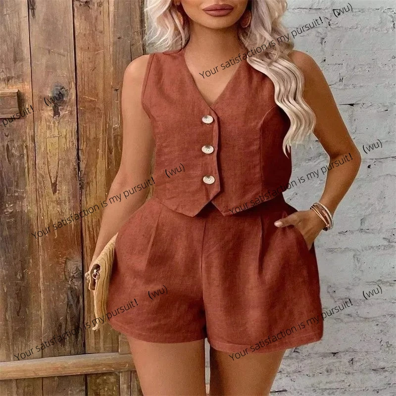 الصيف القطن الكتان مجموعات المرأة الصلبة عادية قطعتين مجموعات موضة جديدة مثير الخامس الرقبة سترة دون أكمام القمم والسراويل دعوى النساء 2