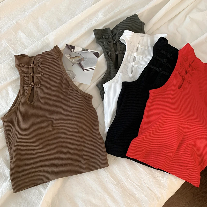 ITOOLIN Elegant Women Chinese Button Tank Tops With Bra Pad O-Neck Sleeveless Tank Tops For Women Sexy Crop Tops All-Match 2024