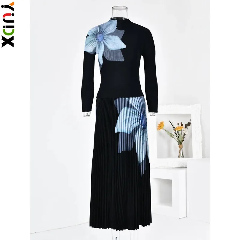 

YUDX Miyake Fashion Flowers Printed Pleated 2 Pieces Set Women Turtleneck Slim Tops High Waist Mid Length Fold Skirts 2024 New