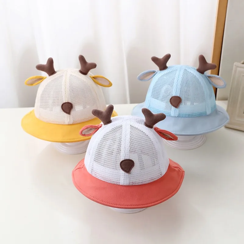 

Summer Baby Bucket Hat Cute Toddler Antlers Wide Brim Mesh Sun Hats Newborn Panama Cap for Kids Girls Boys Outdoor Beach Caps