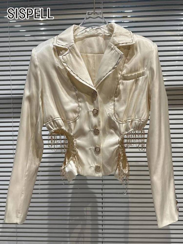 

SISPELL Hollow Out Short Jackets For Women Lapel Long Sleeve Patchwork Single Breasted Coats Female Spring 2023 Fashion Style