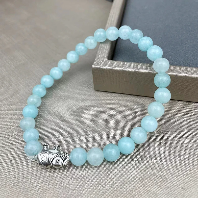 

Hot Natural 6MM Light Blue Jade beaded bracelet for women Fine Elephant charm Light Blue Jade beads strand bracelet male