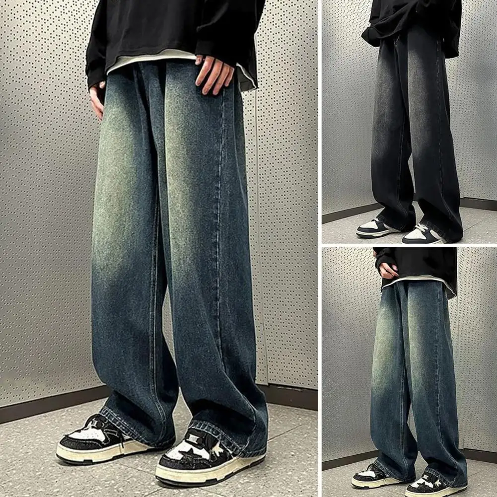 

Men Retro Washed Blue Jeans Retro Hip Hop Men's Jeans with Gradient Contrast Color Wide Leg Design Button Zipper Closure Stylish