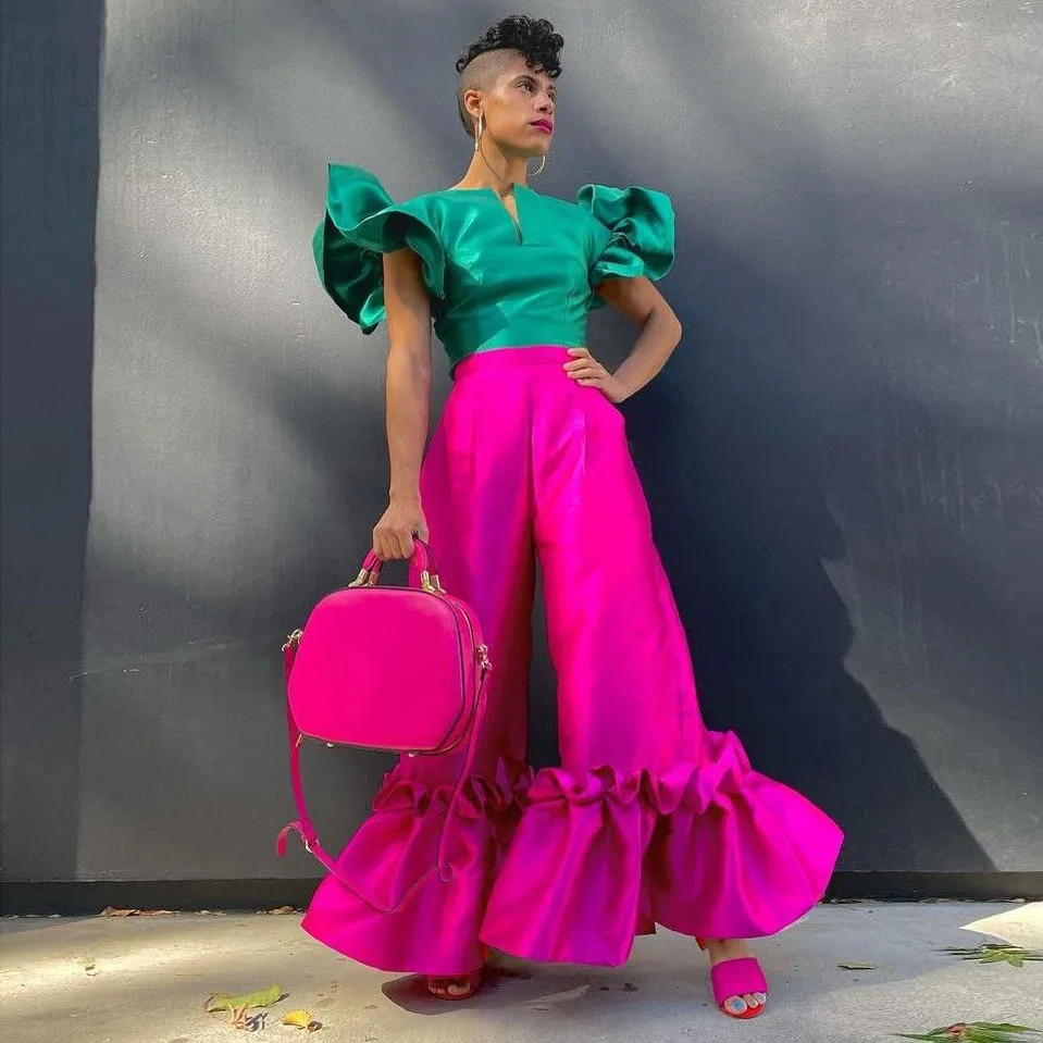 

Fashion Shiny Satin Flared Trousers Custom Made Women Fuchsia Flare Pants Wide Leg Big Size Shiny Bell Bottoms Trousers