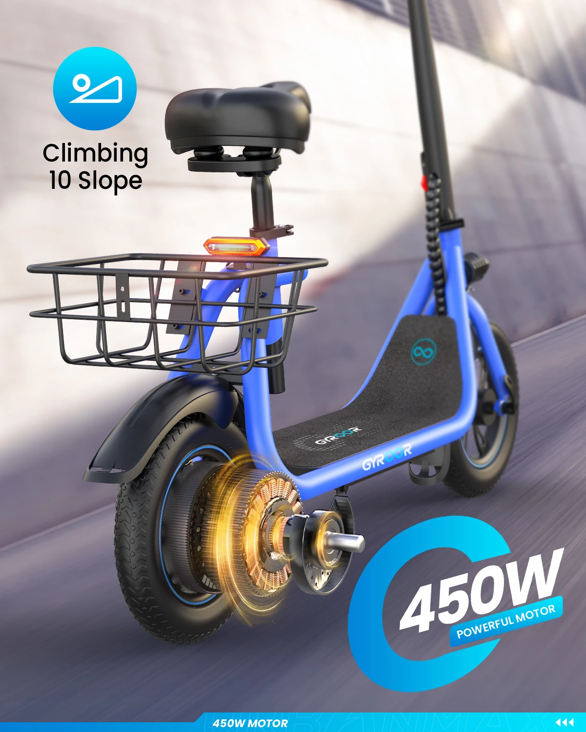 Gyroor 450W Electric Scooter with Seat for Adult, 12 inch Commuter Electric Scooter with Basket-up to 21 Miles 15.5MPH