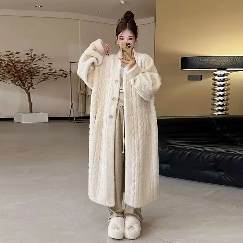 여성용 친환경 모피 코트, 긴 루즈 싱글 브레스트 가디건 스웨터, 분위기 있는 코트, 2023 가을 겨울 신상