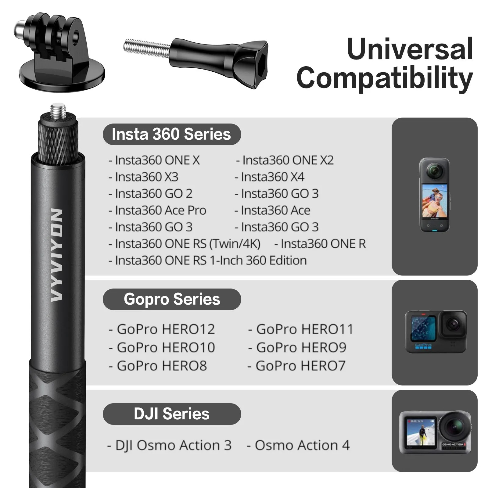 VYVIYON 114cm Invisible Selfie Stick,1/4" Extended Monopod Pole with GoPro Adapter Compatiable with Insta360 Sports Camera