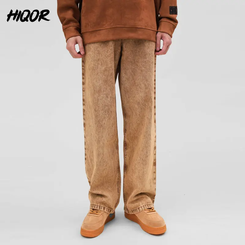 

HIQOR New Jeans Autumn Wide Leg Oversize Men's Streetwear Button Fly Rise Clothes Pants Loose Casual Trousers Denim Black Yellow