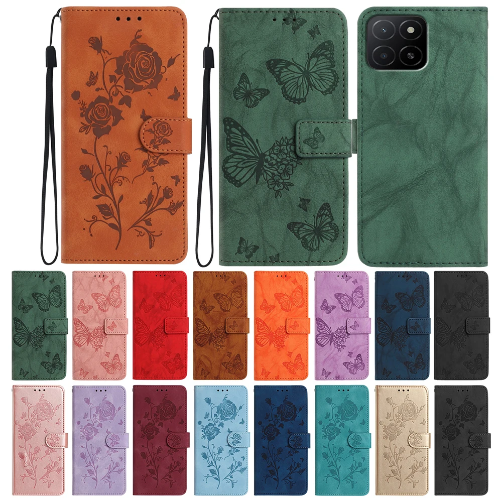 Butterfly Embossed Leather Wallet Phone Case with Card Slots and Strap