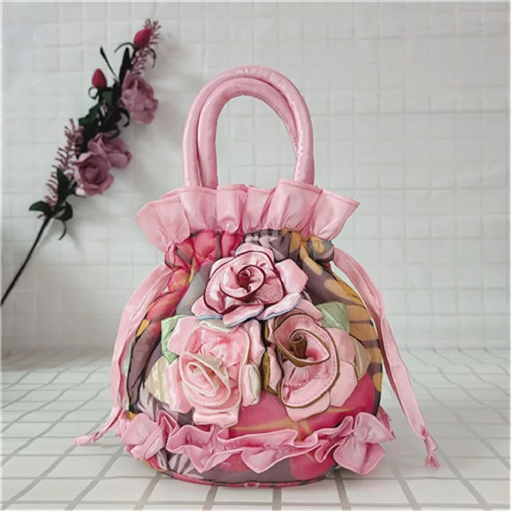 Hochwertige Spitze Blumentasche mit Griff oben, Spitze, Stickerei, Eimer, Kordelzug, Stofftasche, Dacron Damenhandtasche – Detail 7