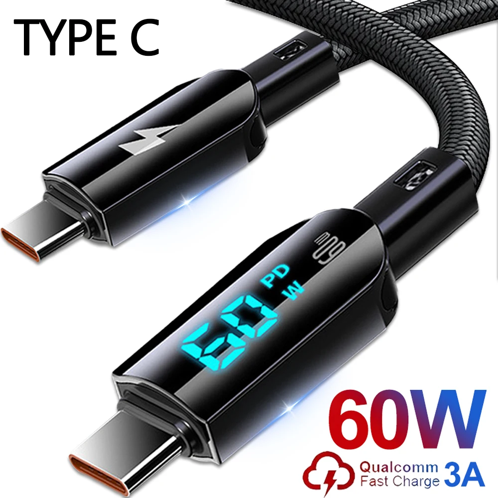 PD60W Super Fast Charging USB C Data Cable LED Display Nylon Braid Dual Type C Charger Wire Cord for IPhone 15 Pro IPad Xiaomi