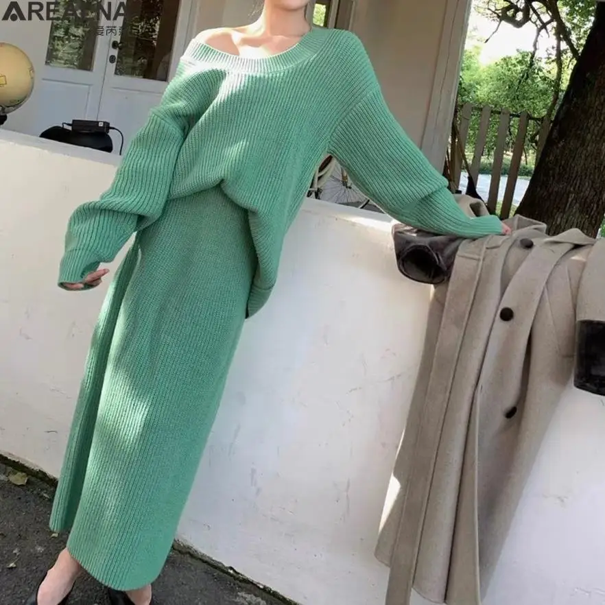 

Autumn Women's Knitting skirt sets Costume o-neck green Korean Fashion Pullover Sweater + Skirt two piece sets womens outifits