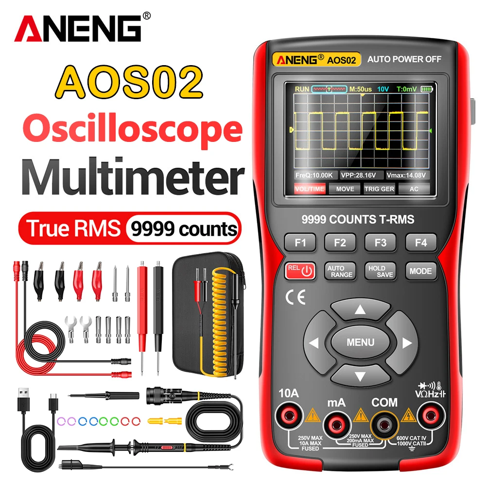 ANENG-Oscilloscope numérique AOS02, test de transistor, multimètre, taux d'échantillonnage 48ms, 10 Z successifs, bande passante analogique, prise en charge du stockage de formes d'onde