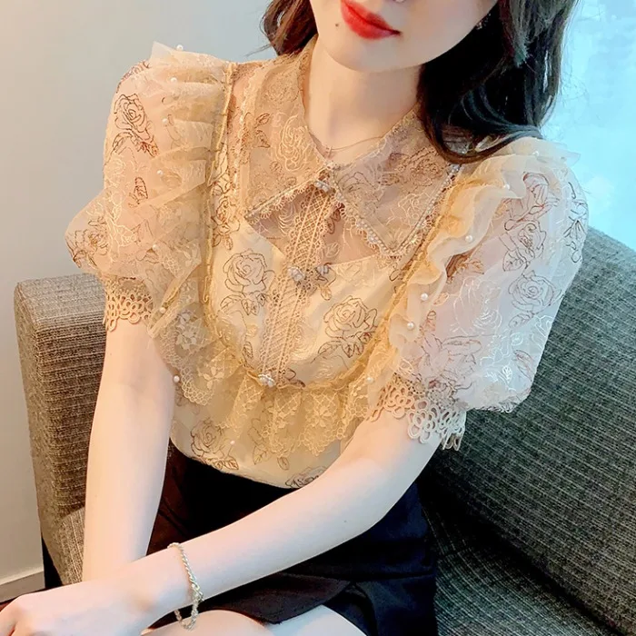 세련된 레이스 버블 슬리브 쉬폰 셔츠 여성용 반팔 여름 신상품 한국 스타일 퓨어 컬러 루즈핏 탑