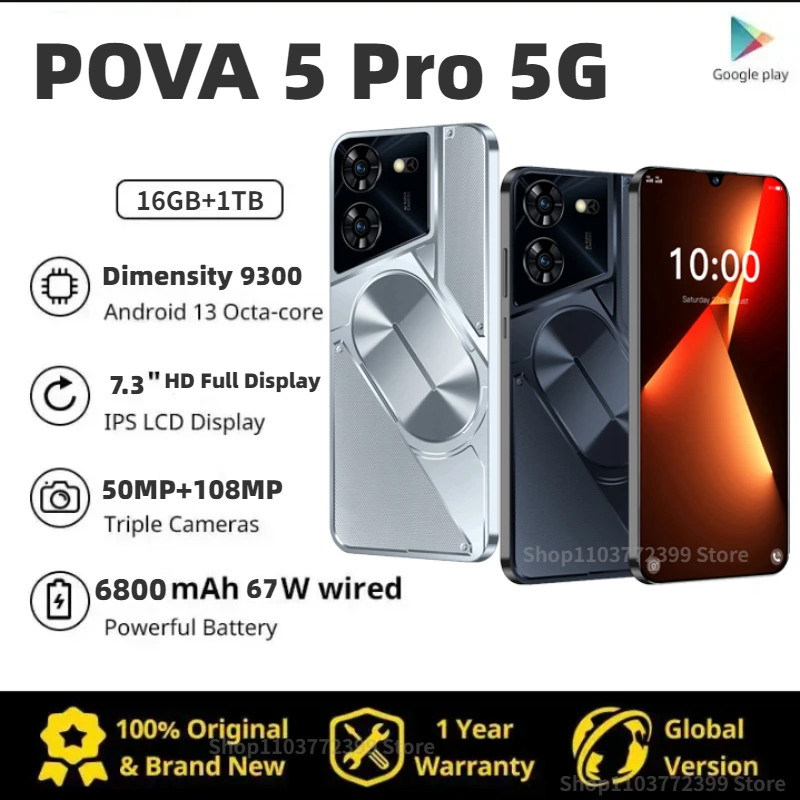 

Pova5 Pro Global Version Smart phone 5G 7.3 Inch 16GB+1TB Android 13 Phone 50MP 6800mAh Battery CellPhone 10 Core Super Phone
