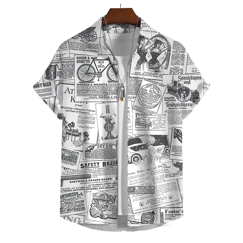 

Vintage Newspaper Pattern Shirt For Men Summer Vacation Casual Shirts Creative Graphic Short Sleeve Streetwear Oversized Blouse