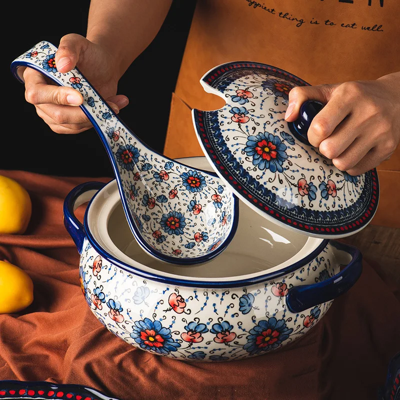 

Retro Ceramic Plate Household Binaural Noodle Bowl Dinnerware Salad Bowl Fish Dishes Soup Pot With Spoon Kitchen Tableware plato