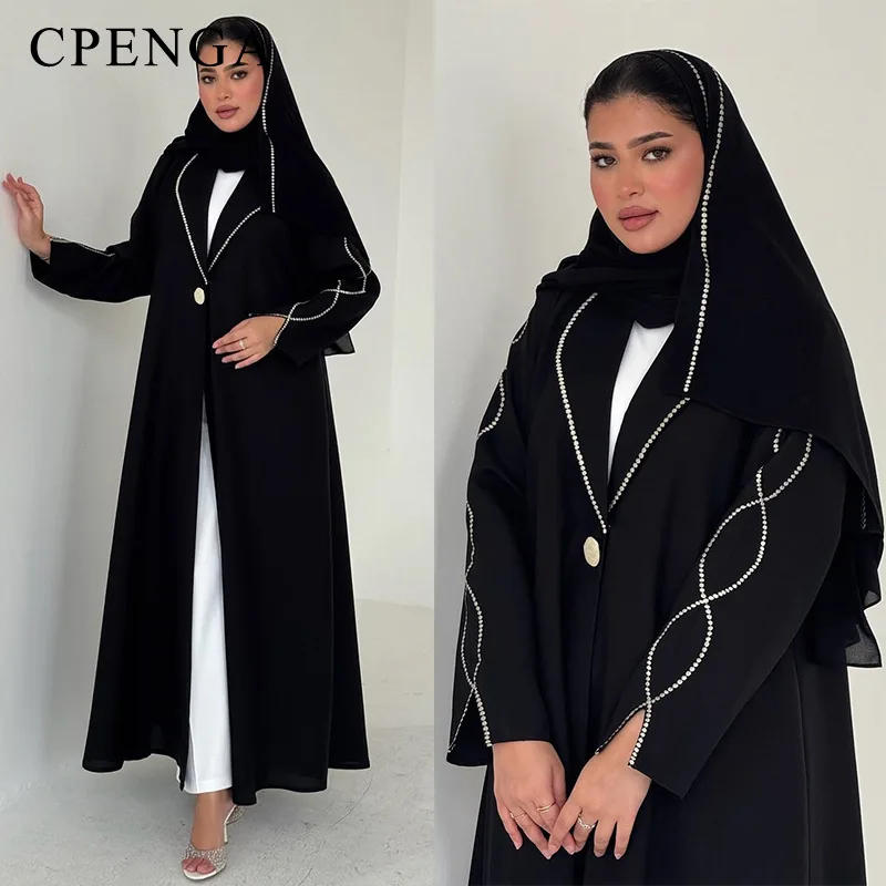 عباءة رمضانية من قطعتين على الطراز الدبي مع حجاب، فستان أنيق للنساء المسلمات في الشرق الأوسط، كارديجان أسود إسلامي تركي
