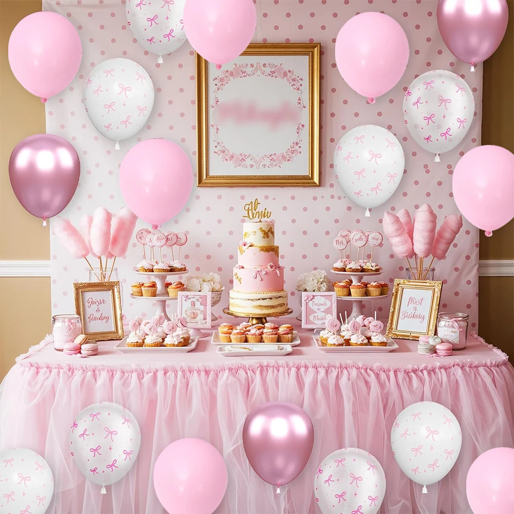 Kokette Geburtstagsdekorationen Teller Servietten Geburtstagsbanner Tassen Rosa Schleife Kuchen Toopper Mädchen Rosa Schleife Partydekorationszubehör – Detail 21