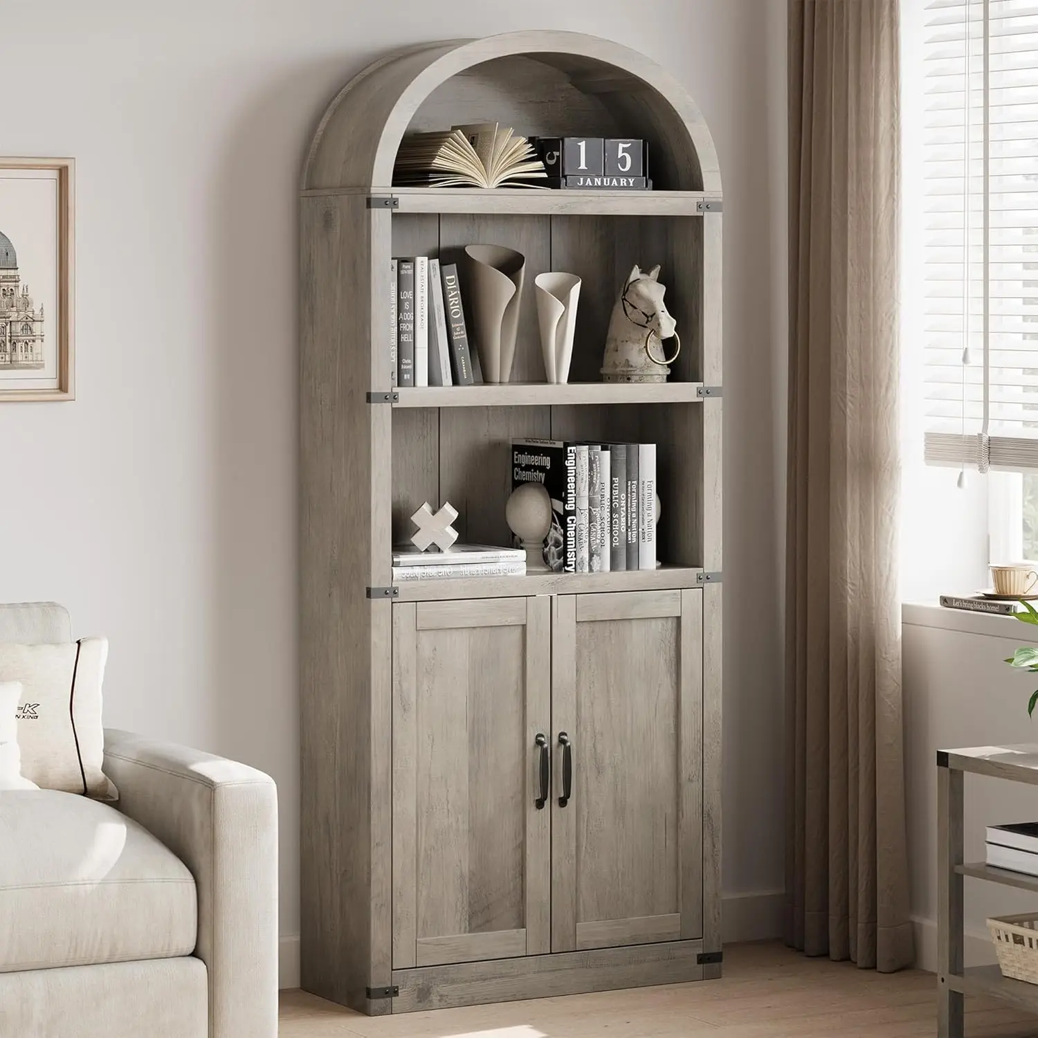Arch Bookcase with Doors,Arched Bookshelf,1.82m Tall Bookcase Farmhouse Cabinet with Shelves Wooden Bookshelves for home office
