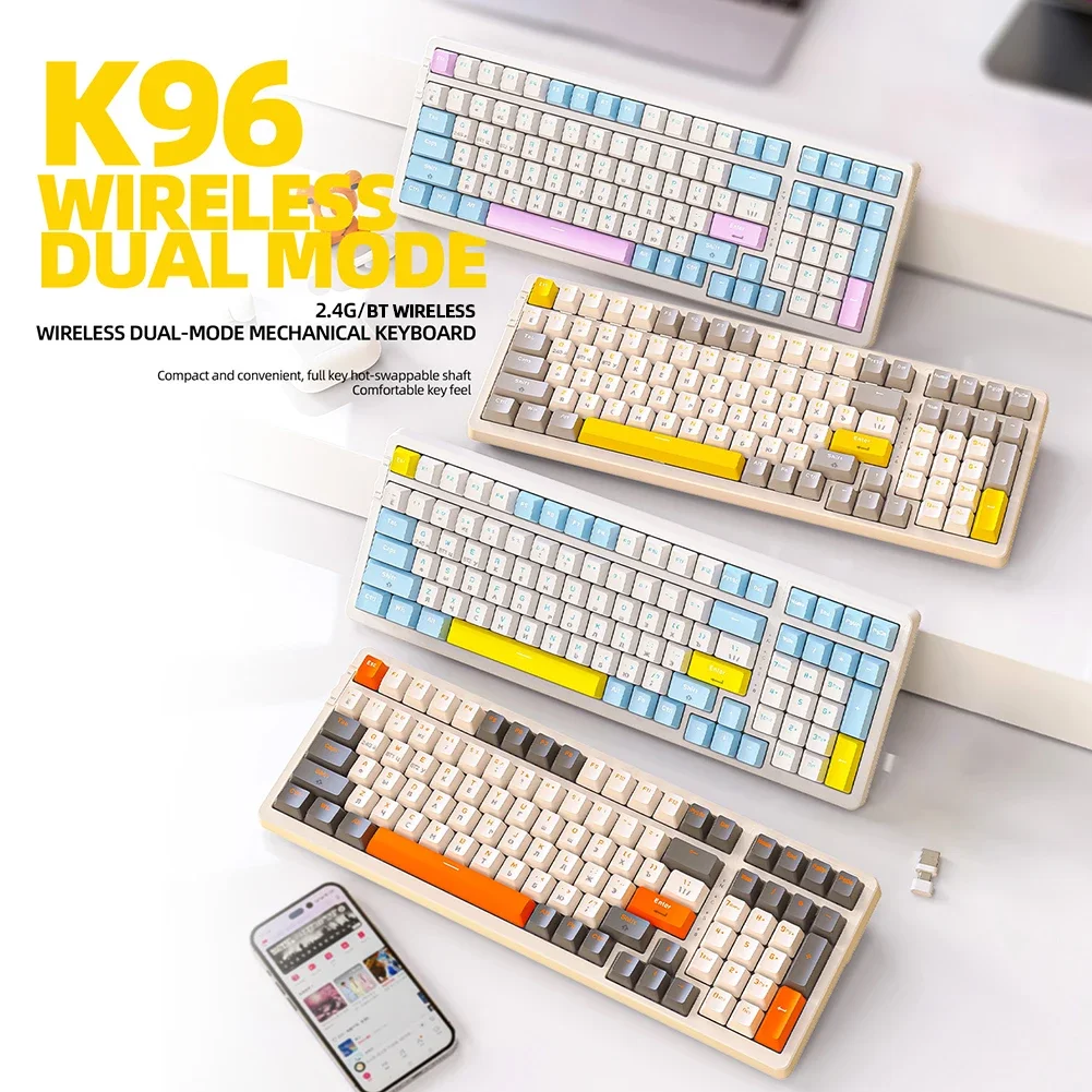 

Игровая клавиатура K96, совместимая с Bluetooth, 100 клавиши, беспроводная клавиатура 2,4G, клавиатура с функцией горячей замены USB/Type-C для компьютера и ноутбука